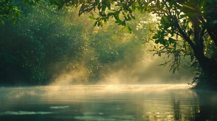 Wall Mural - Misty morning sunlight on tranquil river in lush green forest.