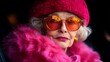 © kodidesign - Stylish Elderly Woman in Bold Pink Fur and Sunglasses Exuding Confidence and Elegance in Fashion Photography