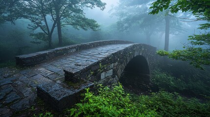 Wall Mural - Misty stone bridge in lush forest.