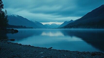 Wall Mural - Serene twilight lake reflecting mountains, mist.