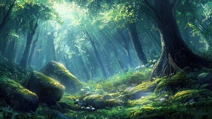 Wall Mural - Sunbeams illuminate a lush, mossy forest floor with exposed roots and rocks.