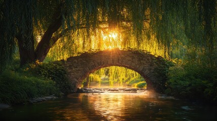 Wall Mural - Sunlit stone arch bridge over calm stream, willow tree branches.