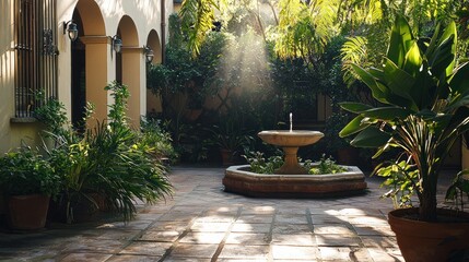 Wall Mural - Sunlit courtyard with fountain and lush greenery.