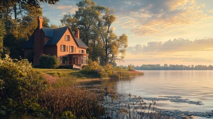 Wall Mural - Lakeside house at sunrise.