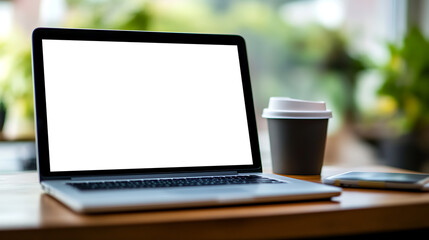 Canvas Print - editable laptop mockup with empty png screen in a modern office setting for branding and display