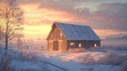 Wall Mural - Snowy winter sunrise over rustic wooden barn.