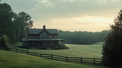 Wall Mural - Sunrise over a rustic farmhouse on a green field.