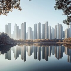 Wall Mural - Cityscape reflected in calm lake at dawn.