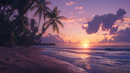 Wall Mural - Tropical beach sunset with palm trees.