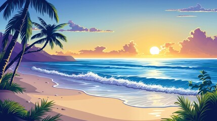 Wall Mural - Tropical beach sunset with palm trees and ocean waves.