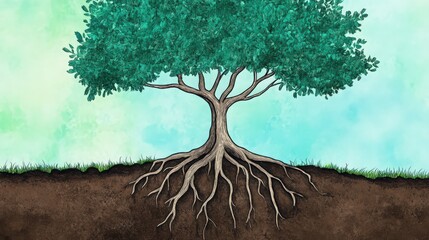 Illustration of a lush tree with exposed roots against a serene sky backdrop