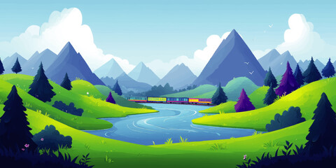 Poster - Scenic Vector Illustration of a Train Journey Through Lush Mountain Landscape with Rolling Hills and Serene River - Vibrant Nature Art for Relaxation and Inspiration