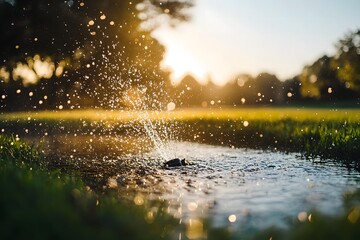 a focused low angle view of a broken sprinkler head flooding a park with blurred grass in the distan