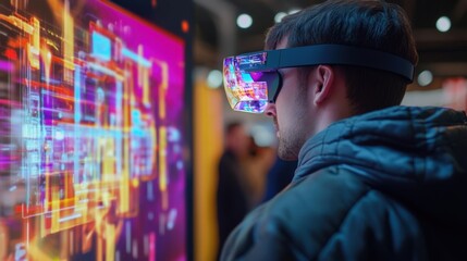 Software engineer wearing an augmented reality headset working with a futuristic interface and computer code, exploring the potential of virtual reality in software development