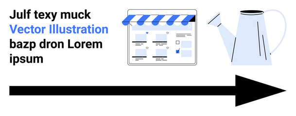 Digital workspace with a computer interface, watering can, and bold arrow. Ideal for business growth, online learning, startup development, digital marketing, productivity tools, effective planning