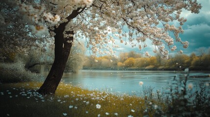 Blossoming tree in magic fairy tale garden. Fantastic meadow on river bank. Springtime in wonderland. 