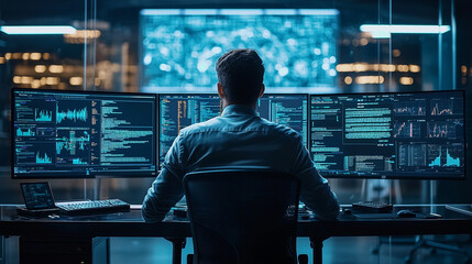 Programmer working late night on complex coding projects data code screen system design future