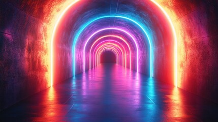 Wall Mural - neon tube lights in vibrant tunnel with reflections creating a futuristic atmosphere for modern conc