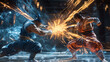 © Tahsin - Powerful martial arts fighters intense dynamic combat scene blue fire game clash skill force action