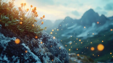 Wall Mural - small yellow wildflowers growing on a rock in the foreground with floating lights and a blurred moun