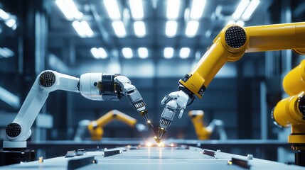 Poster - Robotic arms perform delicate operation in futuristic factory intelligent automation precision process