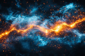 Poster - Dynamic energy stream blazing path amidst celestial clouds illuminating a futuristic landscape backdrop
