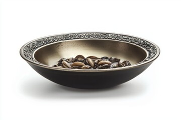 Fototapete - Antique silver bowl containing brown and black seeds on a white background casting soft shadows studio shot