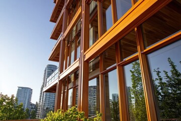 Poster - Architectural marvel of wood and glass facade reflecting cityscape under clear blue sky showcasing modern design