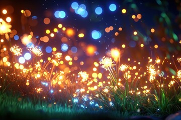 Leinwandbilder - Captivating Field of Floral Lights Sparkling in a Night Meadow Bokeh Blue and Orange Color