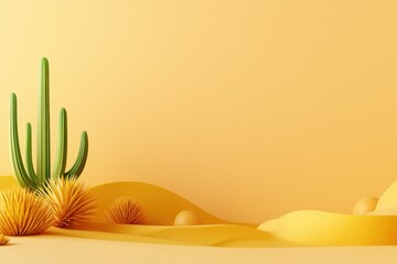 Poster - Minimal desert landscape with green cactus sand dunes and yellow sky for mockup display background