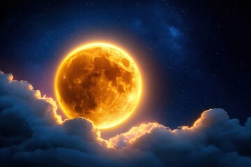 Poster - Mystical golden full moon illuminating a dreamy ethereal night sky with clouds and distant stars celestial dreamscape