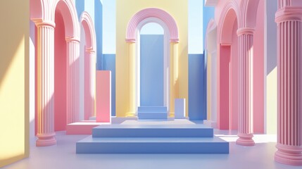 Poster - Serene pastel architecture corridor with classical columns and arches creating a peaceful geometric perspective