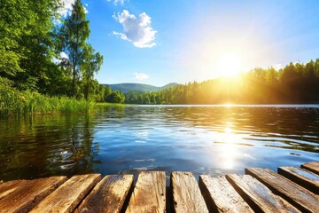 Poster - Serene lake view featuring wooden dock water sunlight reflection and lush green trees under blue sky tranquility