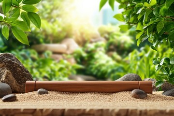 Poster - Tranquil zen garden display featuring smooth stones on sand and vibrant foliage creating a serene scene