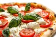 © Smoky - Aromatic margherita pizza delight featuring fresh basil and vibrant red tomato slices on white table
