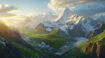 Wall Mural - golden sunlight illuminates a breathtaking mountain landscape, where majestic snow capped peaks rise
