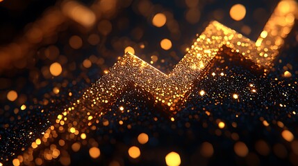 Wall Mural - Gold glitter zigzag upward trend on dark surface with bokeh lights for presentations
