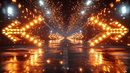 Wall Mural - Illuminated arrows pointing left and right in a dark tunnel, with lights in background