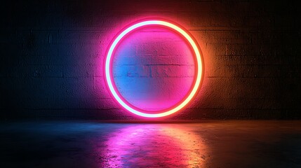 Wall Mural - Neon circle light against a brick wall. Light emits pink, blue, orange color. Abstract