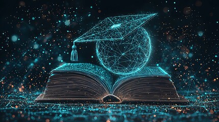 Wall Mural - Open book with digital grad cap over a glowing globe for learning, education, future