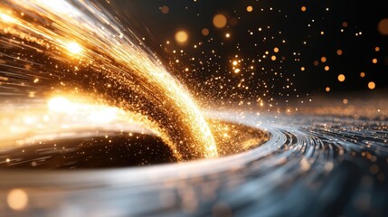 Wall Mural - Abstract swirling motion with golden lights and dynamic sparkles in a cosmic background of energy and movement