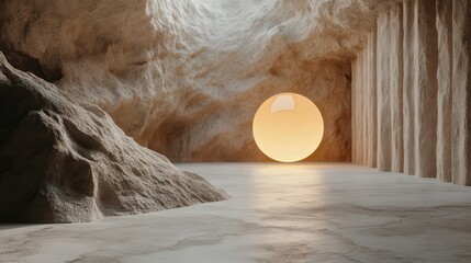 Wall Mural - Abstract cave interior featuring a luminous sphere highlighting natural rock formations and soft textures in warm tones