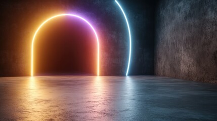 Wall Mural - futuristic abstract space with neon light arches and dark textured walls for creative backgrounds an