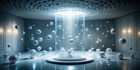 Wall Mural - A Serene Chamber of Floating Spheres Illuminated by a Central, Glowing Column