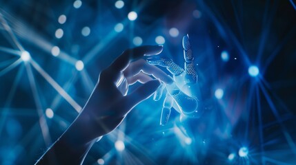 AI, Machine learning, Hands of robot and human touching on big data network connection, Data exchange, deep learning, Science and artificial intelligence technology, innovation of futuristic.