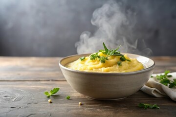 Wall Mural - Aromatic bowl of creamy mashed potatoes, freshly made and garnished with fragrant herbs, steaming gently on a rustic wooden surface