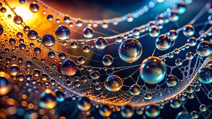 Surreal Water Droplets on Spiderweb, Dark Background Stock Photo