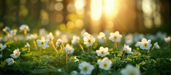 Poster - White Flowers in a Forest at Sunset