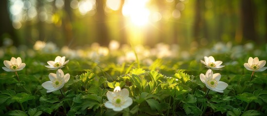 Poster - White Flowers Blooming in a Sunlit Forest