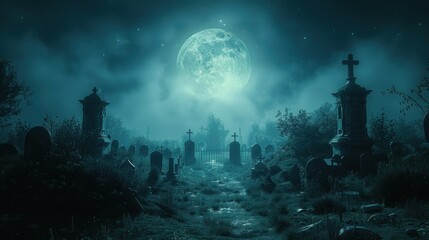 Wall Mural - eerie nighttime cemetery scene under a bright blue moon